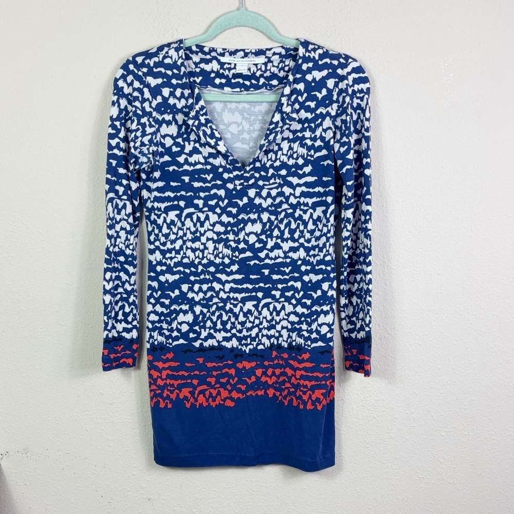 Diane Von Furstenberg Naoki Scribble Lines Pattern Dress Vneck Blue White sz 4
